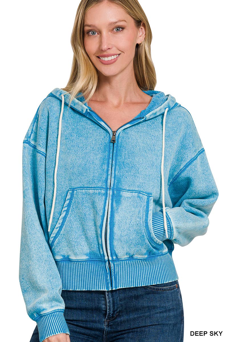 42POPS - Vente Sweat à capuche – femme - ..SI-25313 Sweat à capuche zippé court en molleton délavé à l'acide1