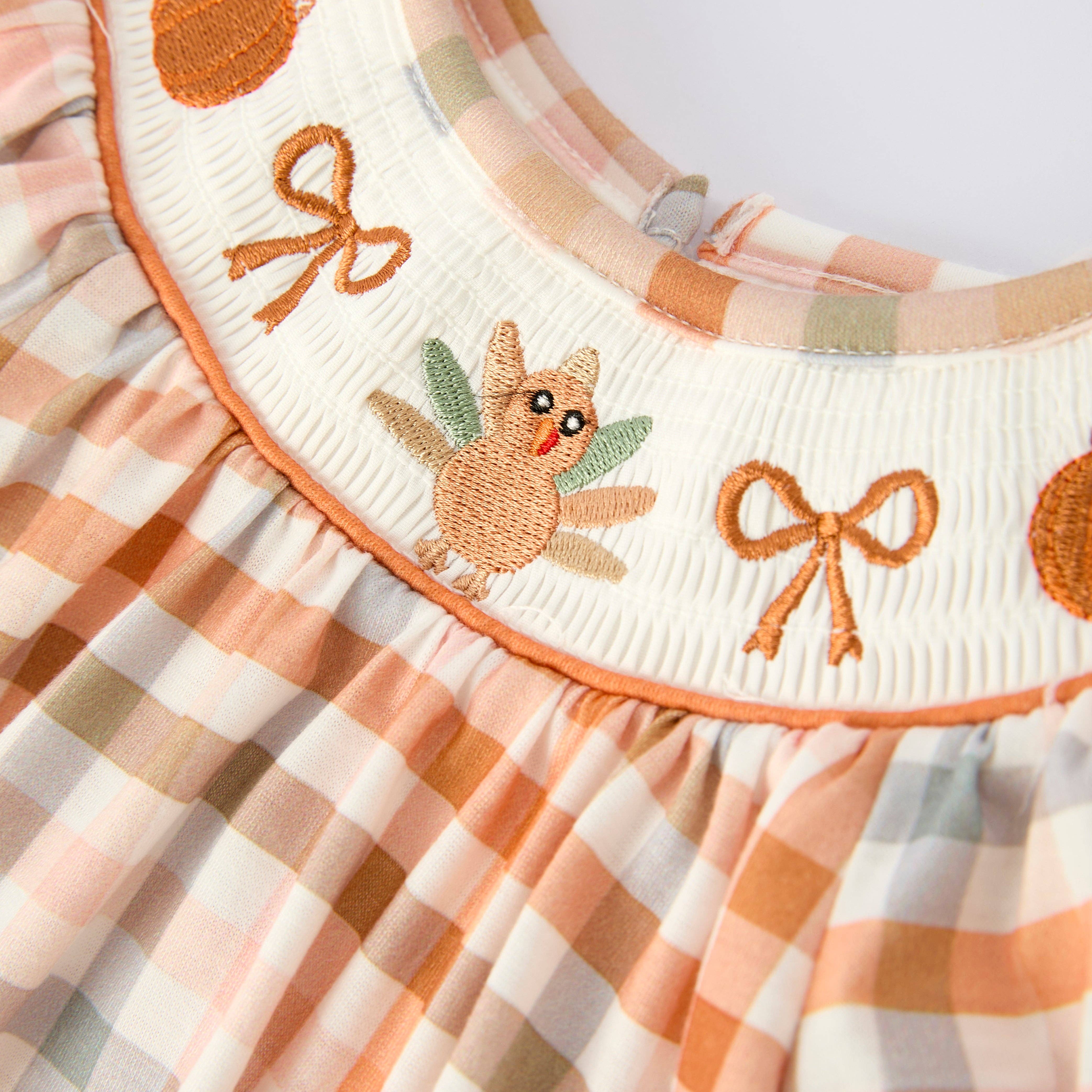 Auraquise - Wholesale Bodysuit (Non-Footed) - Baby - Thanksgiving Pumpkin Turkey Bow Embroidery Smock Fall Bubble Romper2