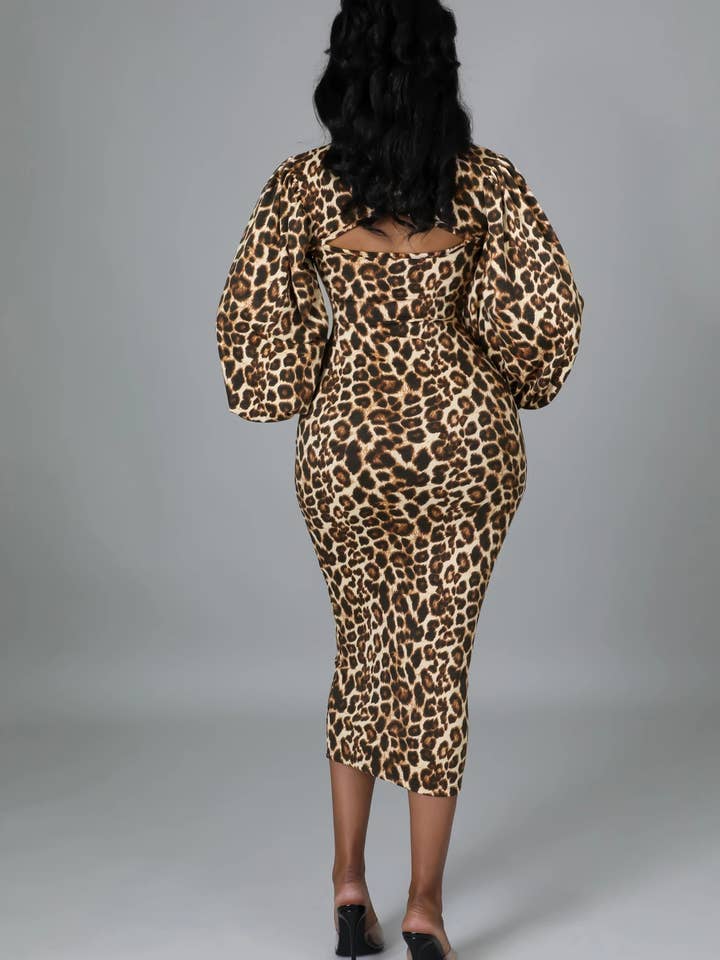 PRINT LEOPARD PRINT CASUAL PUFFY SLEEVE DRESS for wholesale on Faire4