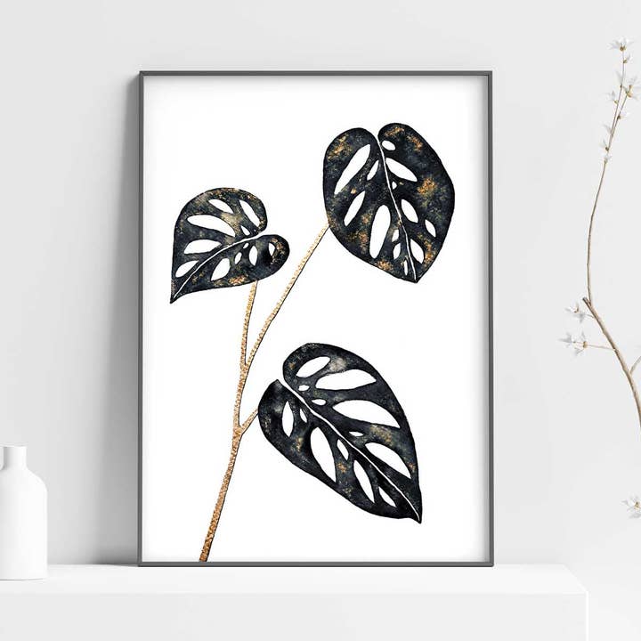 Plant Art Print, Plant Poster Monstera in black and gold for wholesale by The Flow Design