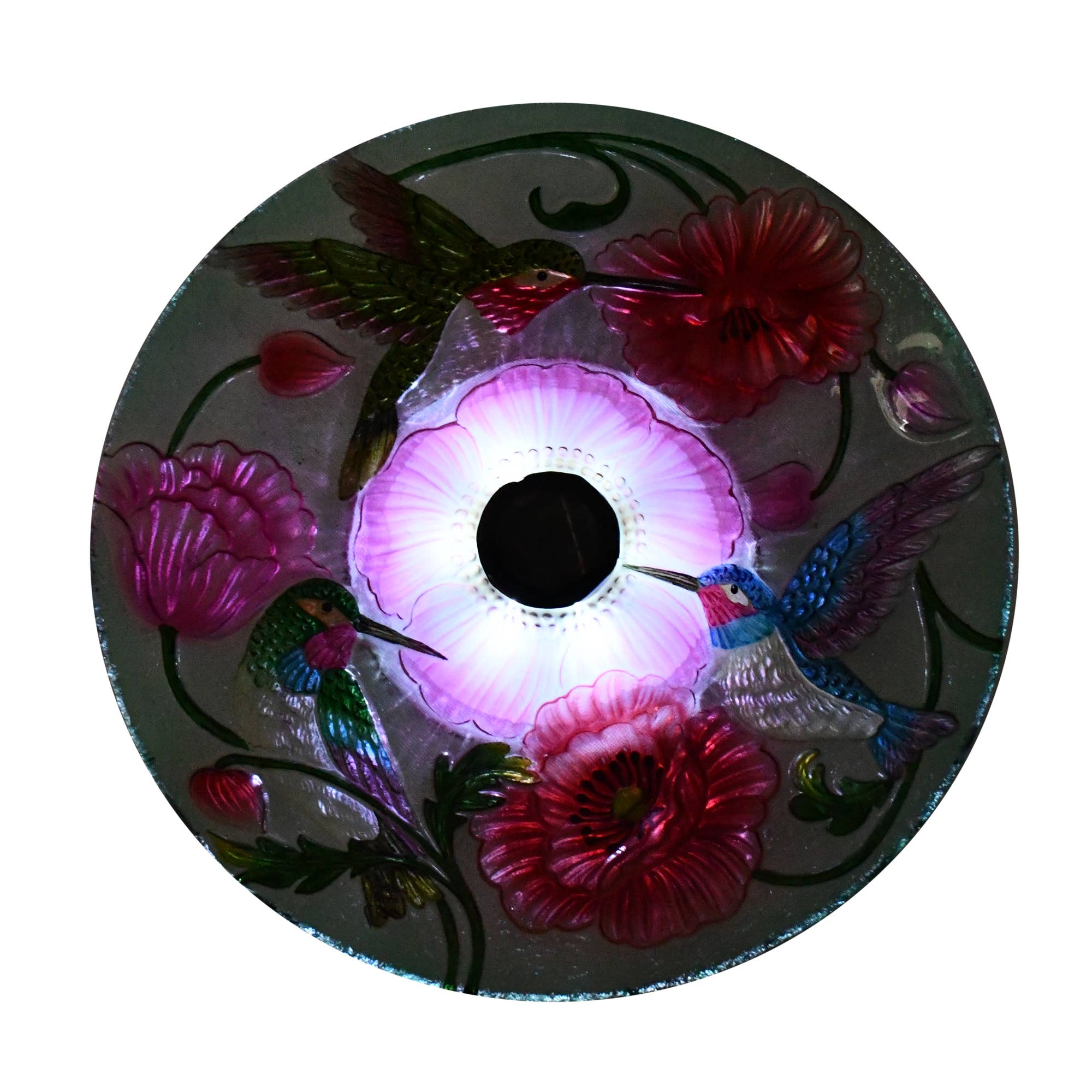 Hi-Line Gift Ltd. - Vente Bain pour oiseaux - Bain d'oiseaux en verre floral à LED solaire - Colibri et coquelicots7