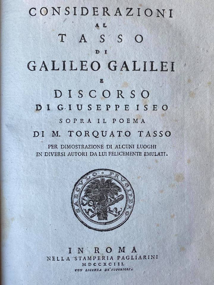 Galilei Galileo - Considerazioni Al Tasso - 1793 per la vendita all'ingrosso da parte di Belriguardo Italian Rare Books