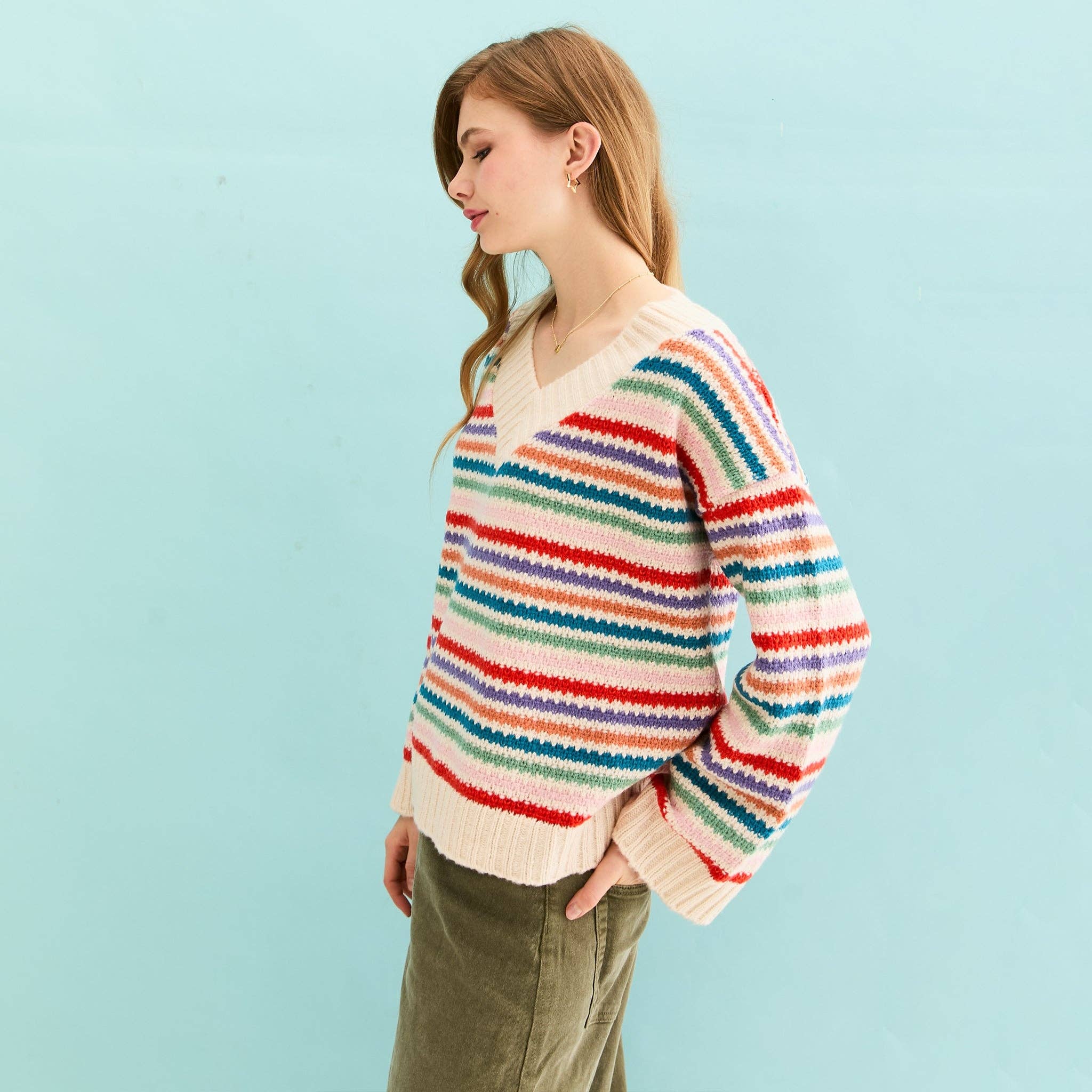 Cara & The Sky - Wholesale Knit Sweater - Women's - Jasmine Wide Sleeve V Neck Striped Jumper - Off White7