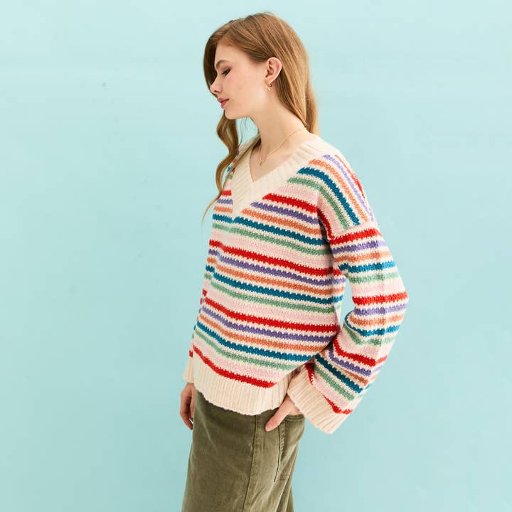 Cara & The Sky - Wholesale Knitted jumper – Women′s - Jasmine Wide Sleeve V Neck Striped Jumper - Off White7