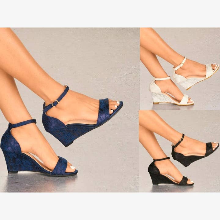 LADIES LACE EMBELLISHED LOW MID WEDGE HEEL PEEP TOE STRAPPY SANDAL SHOES 3-8 for wholesale by ShoeBox Botique