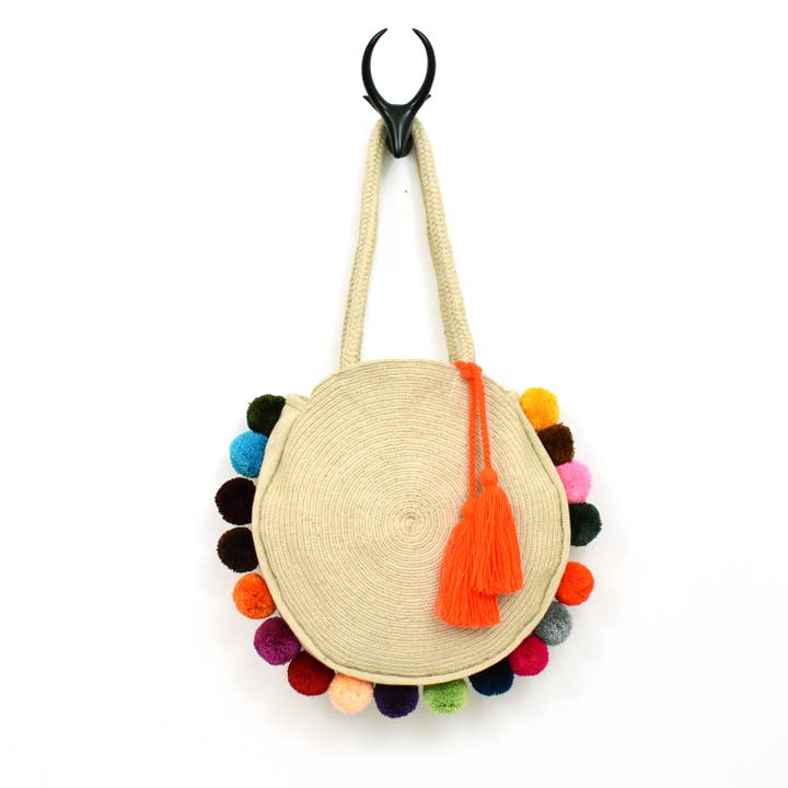 Round Pom Pom Woven Tote - Multicolour for wholesale by Caravan and Company