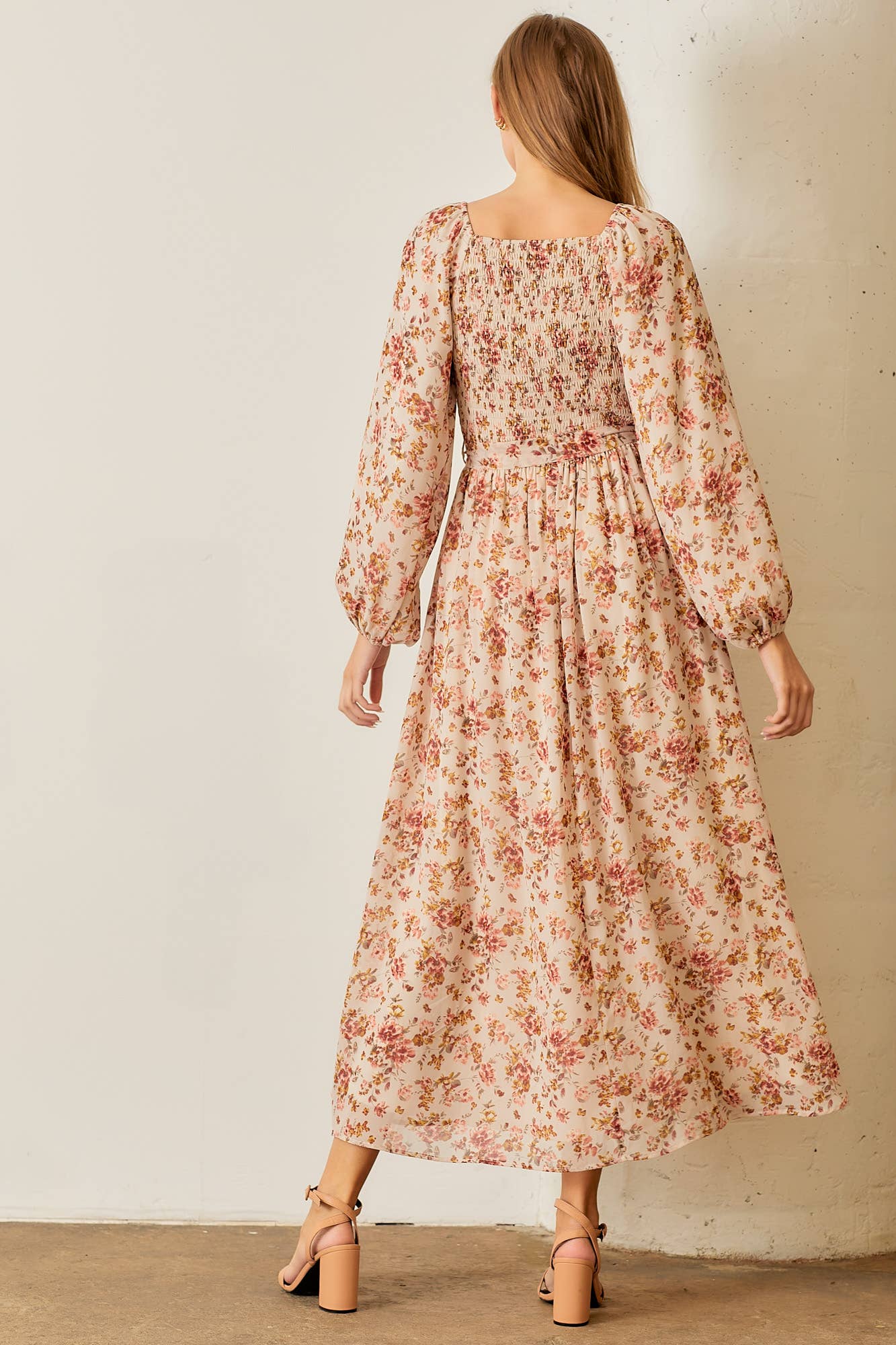 CREAM MULTI FLORAL PRINT SQUARE NECK MAXI DRESS for wholesale on Faire3