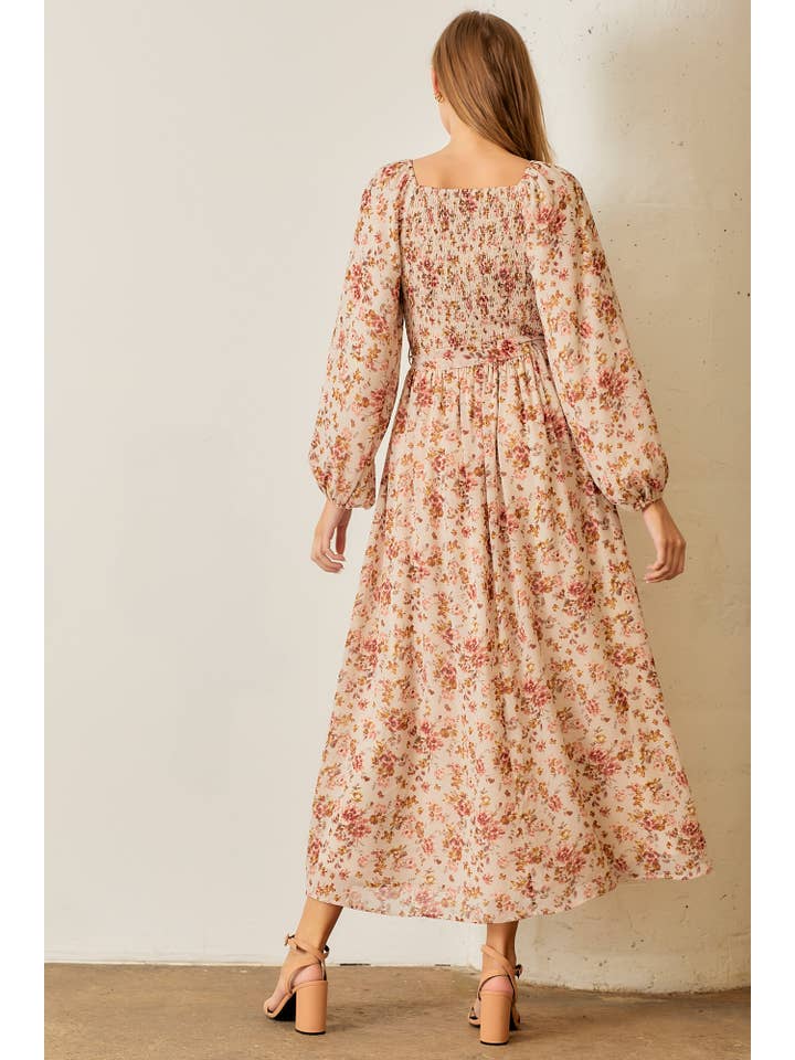 CREAM MULTI FLORAL PRINT SQUARE NECK MAXI DRESS for wholesale on Faire3