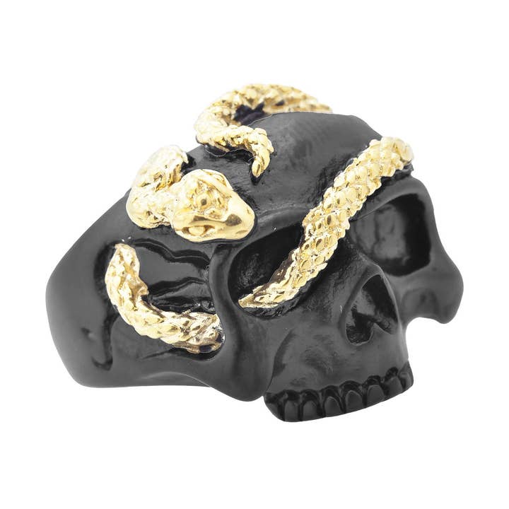 Blackjack Mens Jewelry – Großhandel Cocktail-/Statement-Ring – Herrenring aus Edelstahl mit Totenkopf und Schlange in Schwarz und Gold