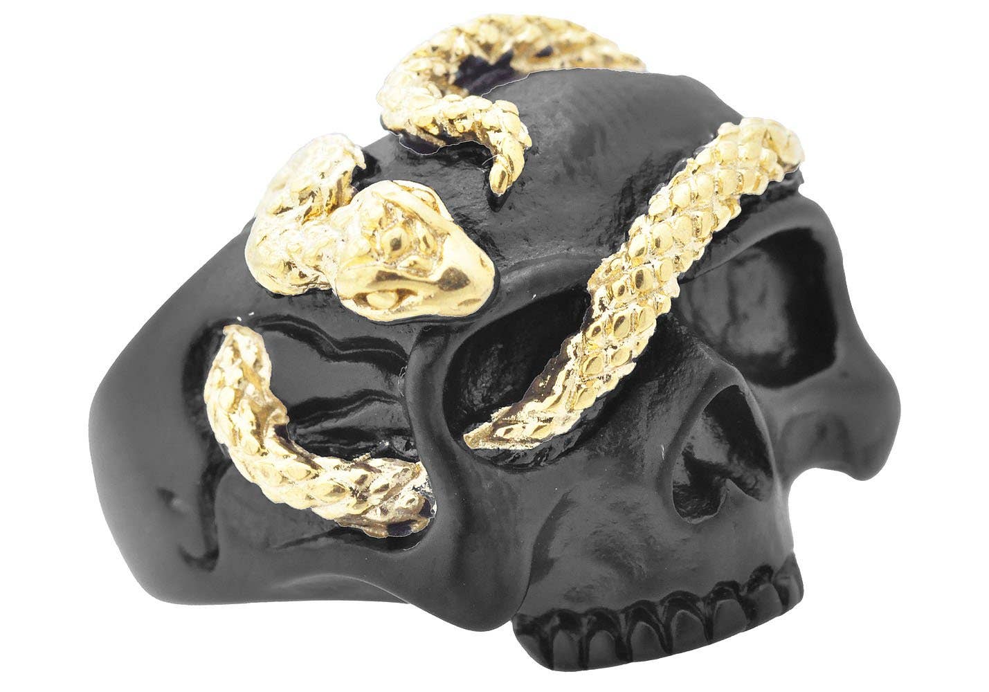 Blackjack Mens Jewelry - Venta al por mayor Anillos grandes/de cóctel - Anillo de acero inoxidable negro y dorado con forma de calavera y serpiente para hombre