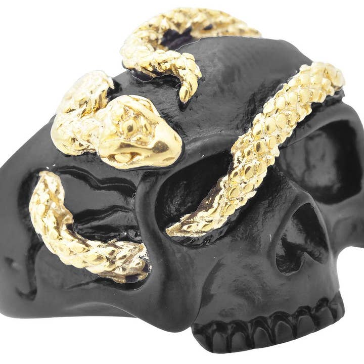 Zwart-gouden roestvrijstalen ring met scheder en slang voor heren voor wholesale door Blackjack Mens Jewelry