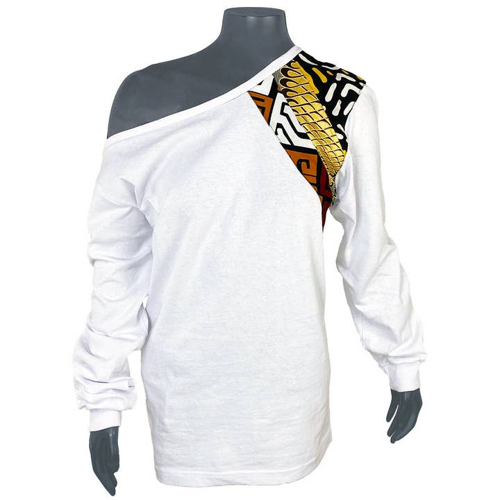 Dam T-shirt i afrikanskt tryck med kalla axlar, vit | Brun, guld, gul, svart | Afrikansk vit T-shirt | Dam afrikansk skjorta | Tyg & snöre för wholesale av Cloth & Cord, LLC