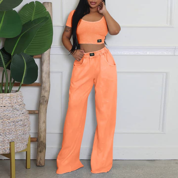 Rosa Clothing - Wholesale Top & Pant Set (NOT Loungewear) - Women's - Sexy U-Neck T-Shirt Wide-Leg Pants Two-Piece Set