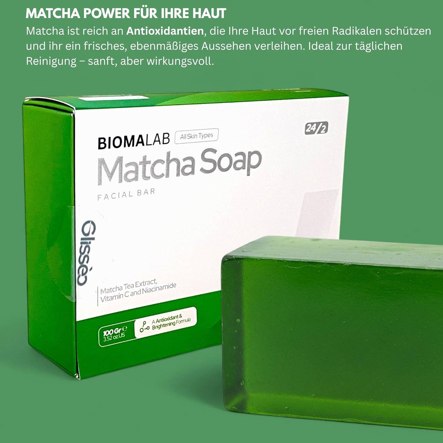 Biomatea - Wholesale Gezichtsreiniger - Matcha Gezichtszeep – met Vitamine C & Niacinamide – Voor een heldere, stralende huid – Vegan verzorging voor alle huidtypen – 100g6