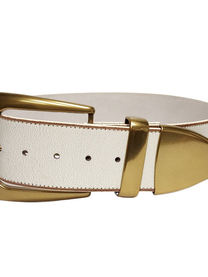 Wide width Off-White Leather belt with Statement Buckle Set for wholesale by Axesoria West