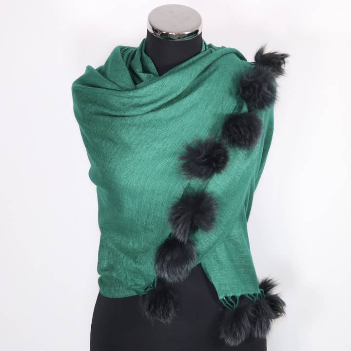 Tivello - Wholesale Scarf - Women's - Grace Cashmere Scarf With Faux Fur Pom Poms
