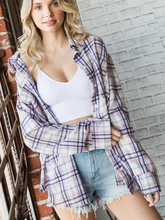 Plaid Button Down Shacket for wholesale by Lemon Tree