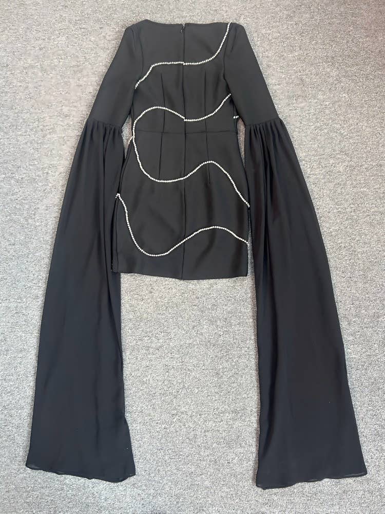 Svart DR364Bandageklänning med diamantkedjeslitsar och lång ärm för wholesale på Faire11