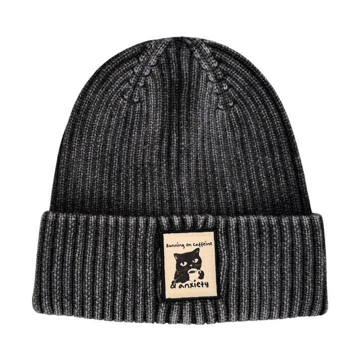 HatPhile Running on Caffeine & Anxiety Black Cat Vintage Beanie for wholesale by HATPHILE