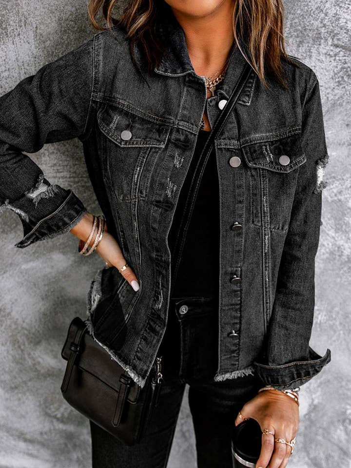 Lapel Distressed Raw Hem Buttons Denim Jacket for wholesale by Secret Style Source
