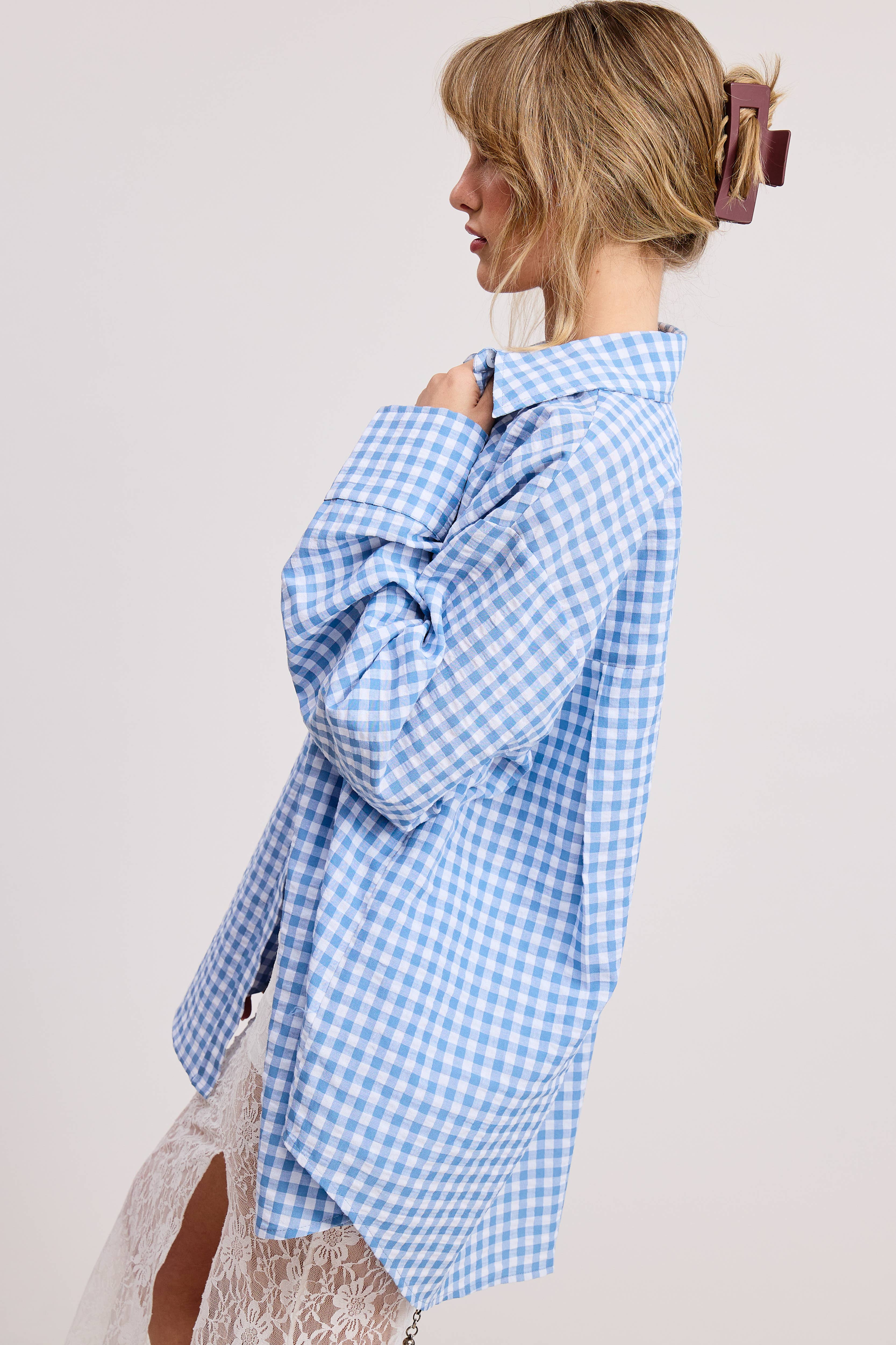 Mimosa - Wholesale Button Down Shirt - Women's - Oversized Gingham Button Down Shirt26