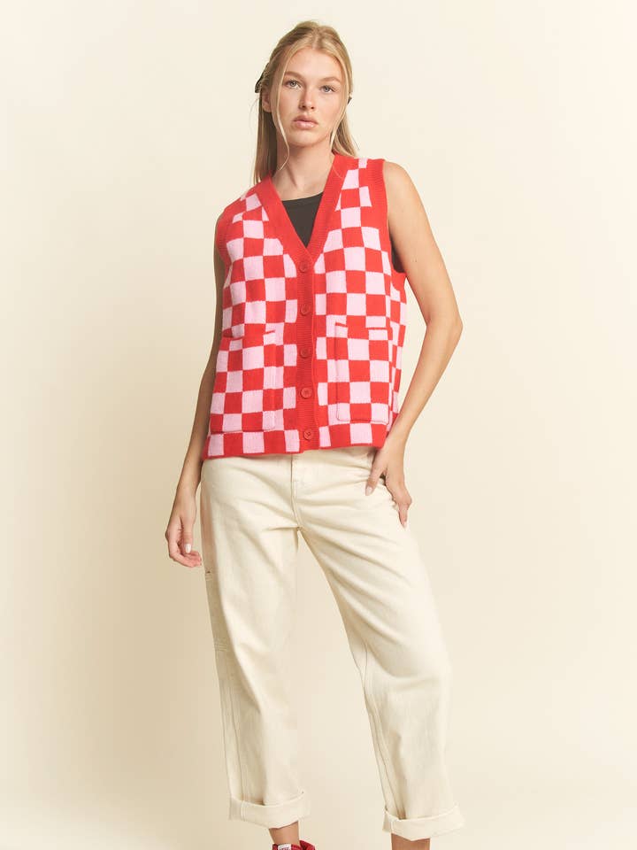 SLEEVELESS V-NECK BUTTON DOWN CHECKERED VEST for wholesale by JADE BY JANE