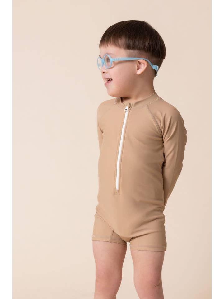 Brown White Boy's Zip Up Rashguard | Brown/White for wholesale on Faire