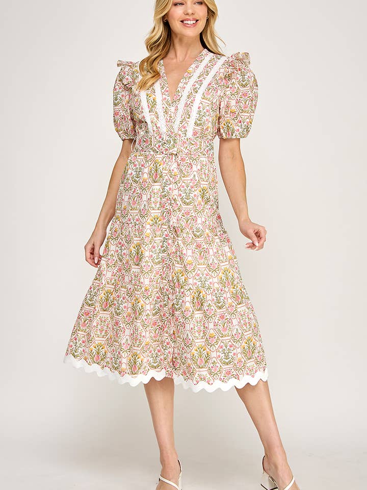 TD-10676-6 V-RINGAD BLÅMÖNSTRAD KLÄNNING-ROSA MULTI för wholesale av Ellison