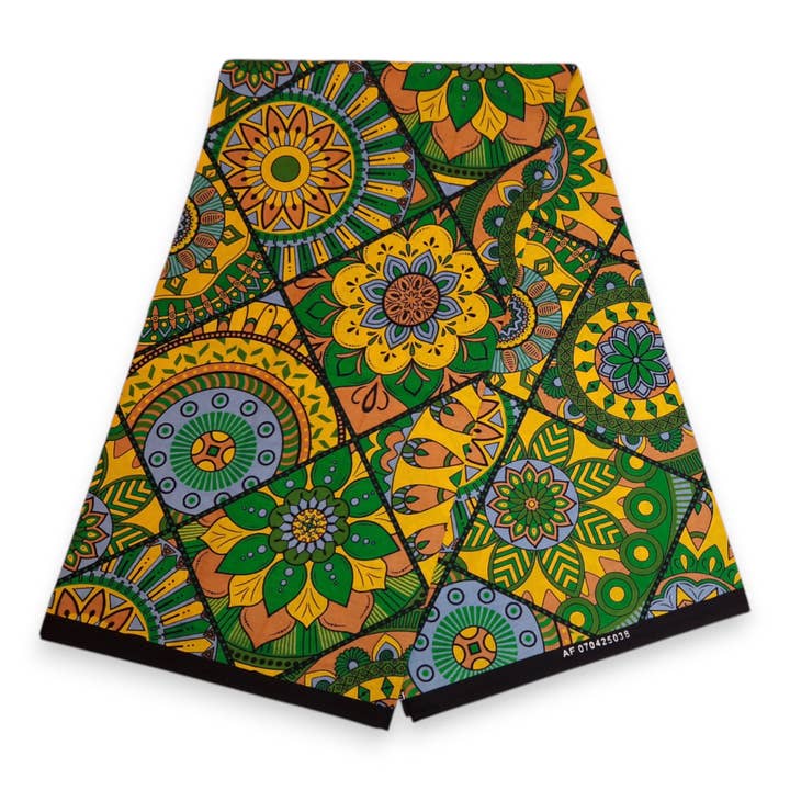 AfricanFabs - Vente Tissu - 6 Yards - Tissu imprimé africain - Patchwork Mandala Vert et Jaune - 100% coton