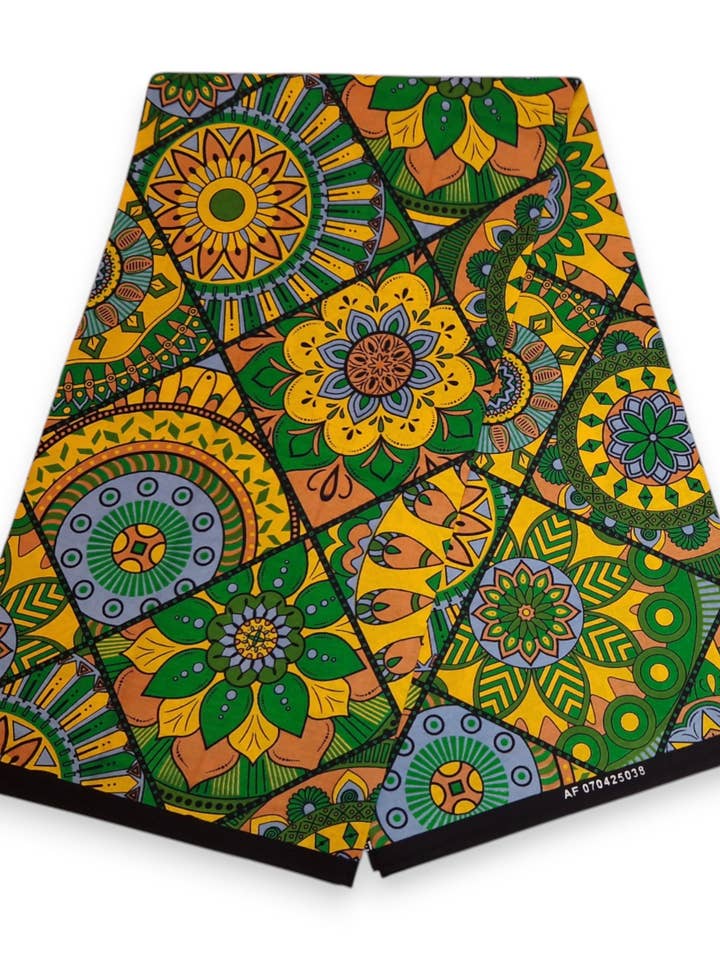 6 Yards - Afrikanischer Druckstoff - Grün & Gelbes Mandala-Patchwork - 100% Baumwolle für den Großhandel von AfricanFabs