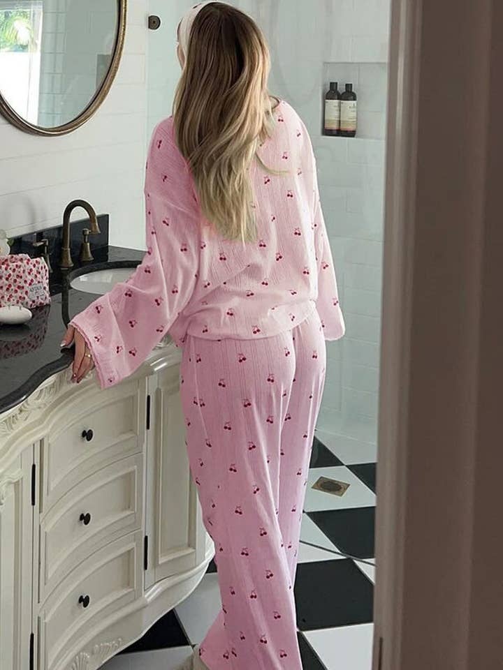 DE VAVE - Wholesale Sleepwear Set - Women's - Cherry Print Button-Front Pajama Set