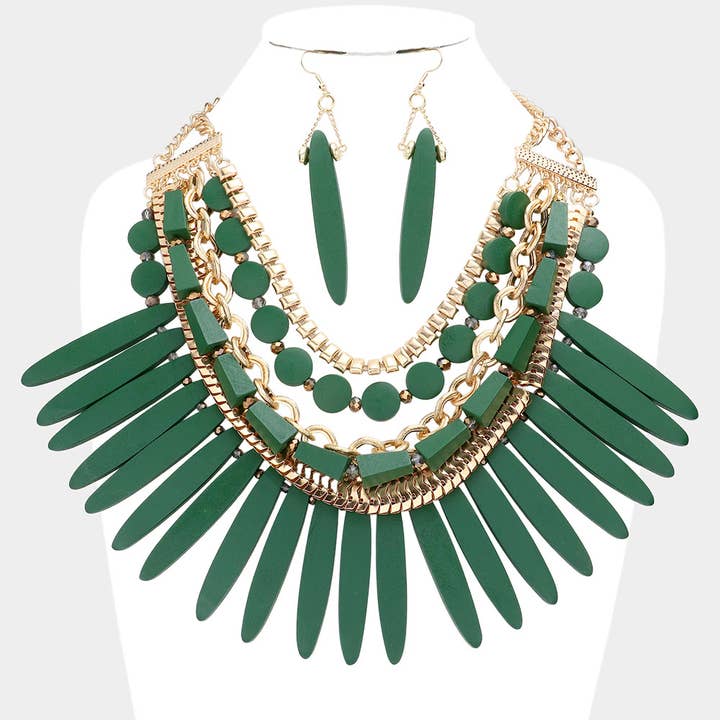 Sensibling Corp. - Wholesale Bib necklace - Wooden Spike Accented Metal Chain Layered Bib Necklace2
