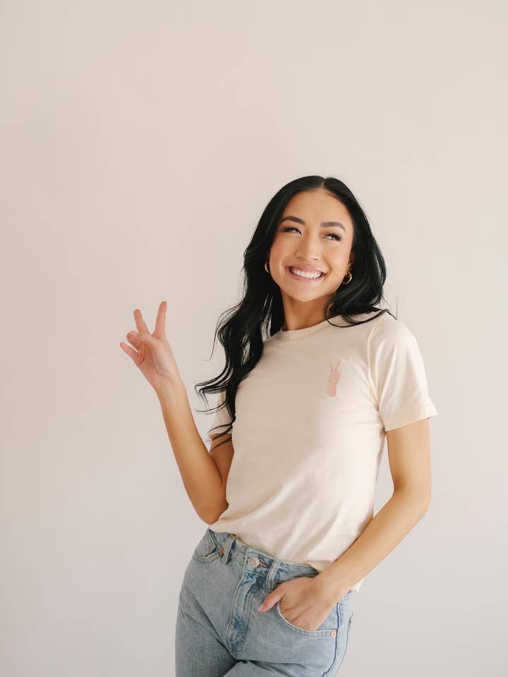 Rose Dust Peace Hand Embroidered T-Shirt, Womens Shirt, Chainstitch for wholesale on Faire2