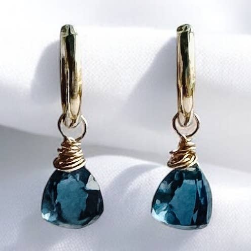 London Blue Topaz Gold Filled Huggie Hoop Earrings for wholesale by Hello Heather