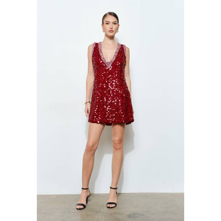 INA - Wholesale Dress – Women's - Luxe Sequins Two Tone Trim Deep V-Neck Mini Dress7