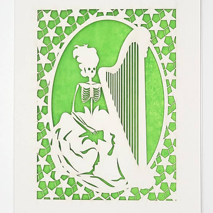 Carte de vœux quotidienne Calavera avec une harpe pour la vente par two hermanas