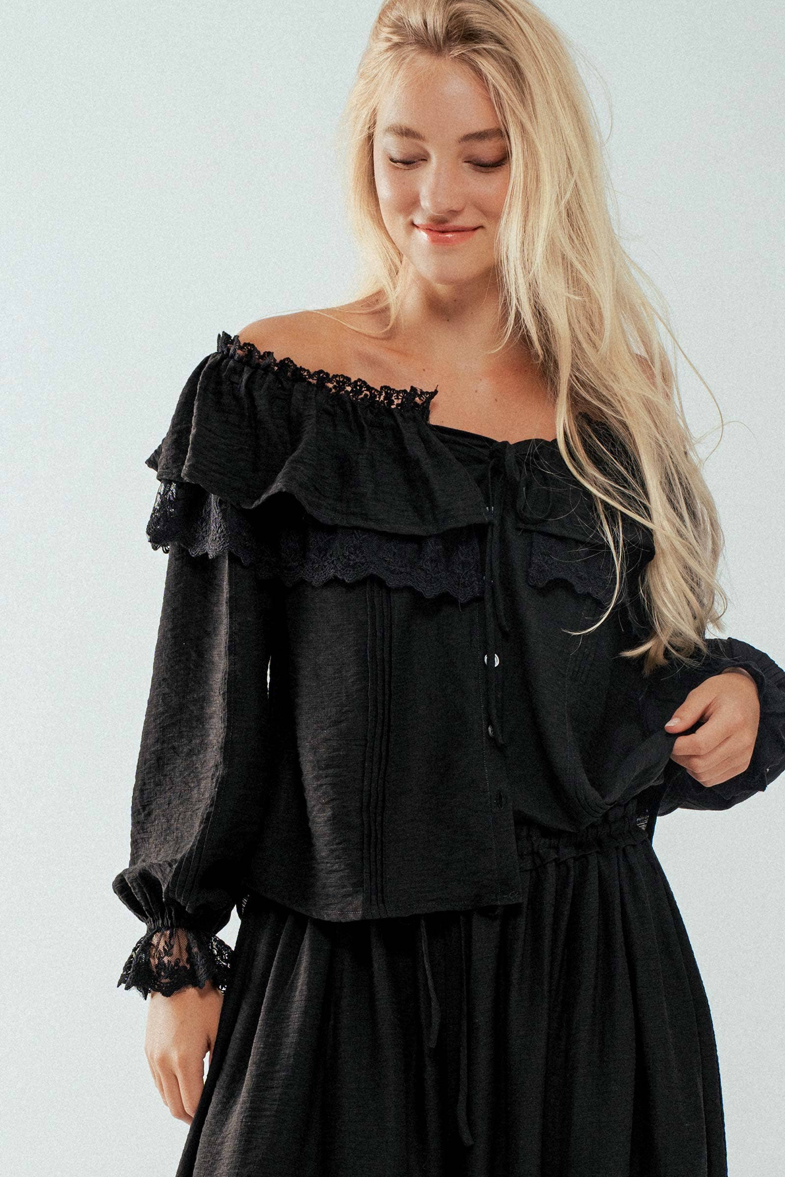 Urban Daizy - Wholesale Blouse - Women's - Lace Trim Ruffle Tie Neck Spring Blouse Top12