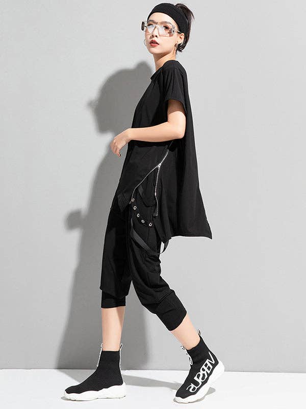 ZWART Stijlvolle zwarte T-shirttop met onregelmatige ritssluiting voor groothandel op Faire9