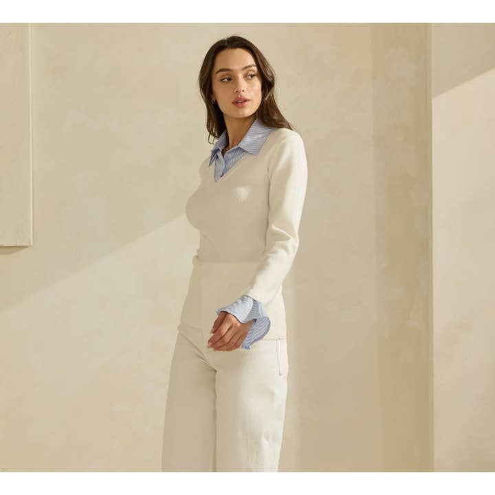 Ivory Sky Sweater Top with Contrast Neck & Cuffs for wholesale on Faire8