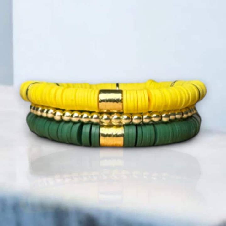 Green and Yellow Game Day Bracelet Stack for wholesale by Fish Towne Designs, LLC