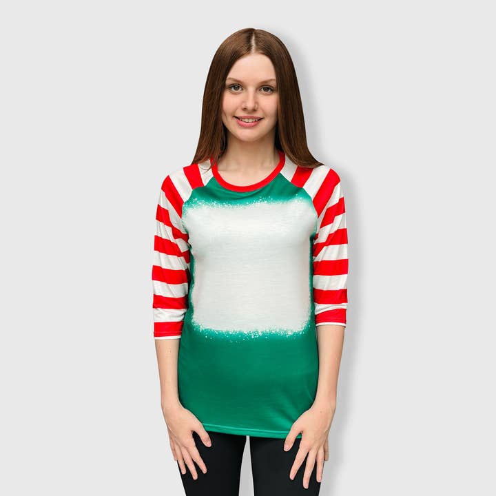 Green Red Candy Cane Raglan Blank Faux Bleached Top for wholesale by ILTEX Apparel