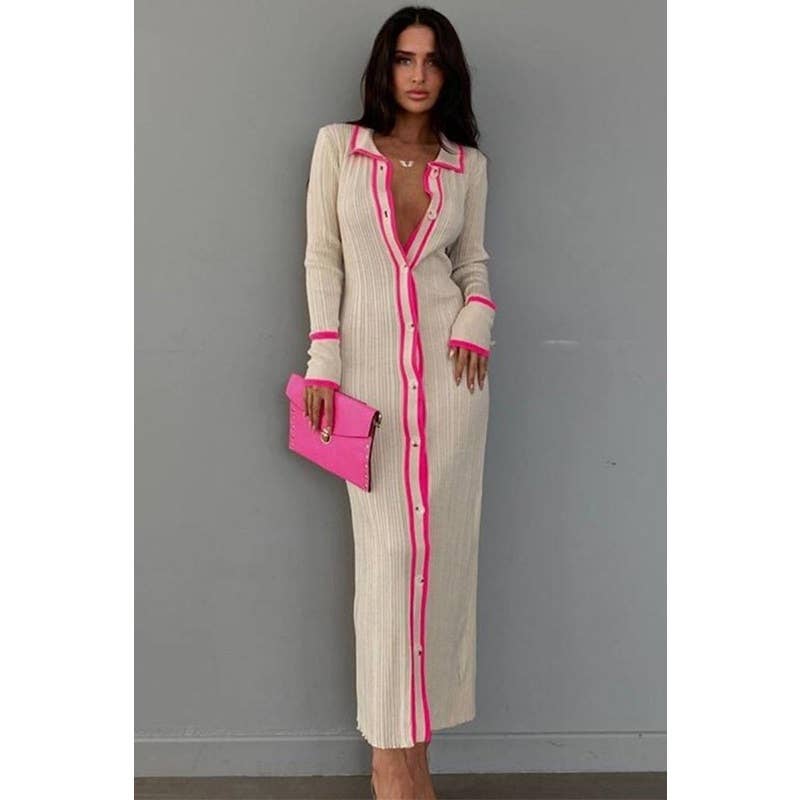 Paperdoll - Vendita all'ingrosso Vestito - Donna - Abito cardigan patchwork con colletto sottile 3