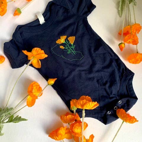 California Poppy Cotton Baby Onesie - Navy for wholesale by Animal Instincts