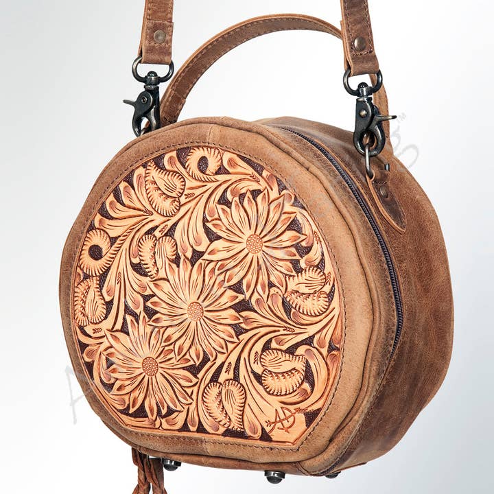 LS Western - Wholesale Crossbody Bag - Women's - LC-ADBG353 Hand-Tooled Western Canteen Leather Crossbody Bag with Feather Headdress Design American Darling