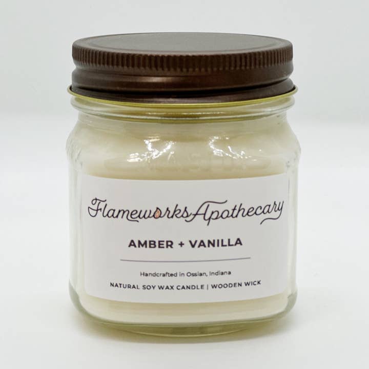 Flameworks Apothecary - Wholesale Jar/filled candle - Amber + Vanilla 8 oz Mason Jar Candle0