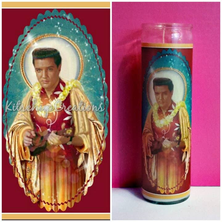 Elvis in Hawaii Prayer Candle for wholesale by Kitschup Creations