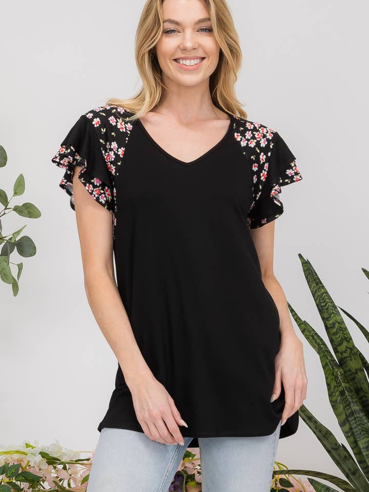 FLORAL BUTTERFLY SLEEVE TOP -CT43716E for wholesale by Celeste Clothing