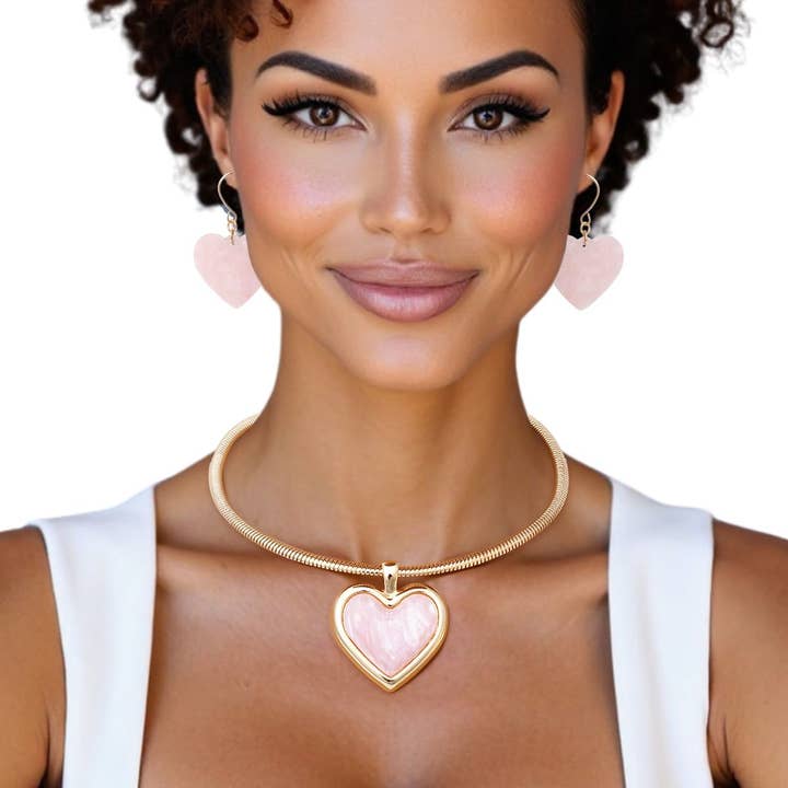 Pendant Gold Omega Chain Pink Heart Set for Women for wholesale by PinktownUSA