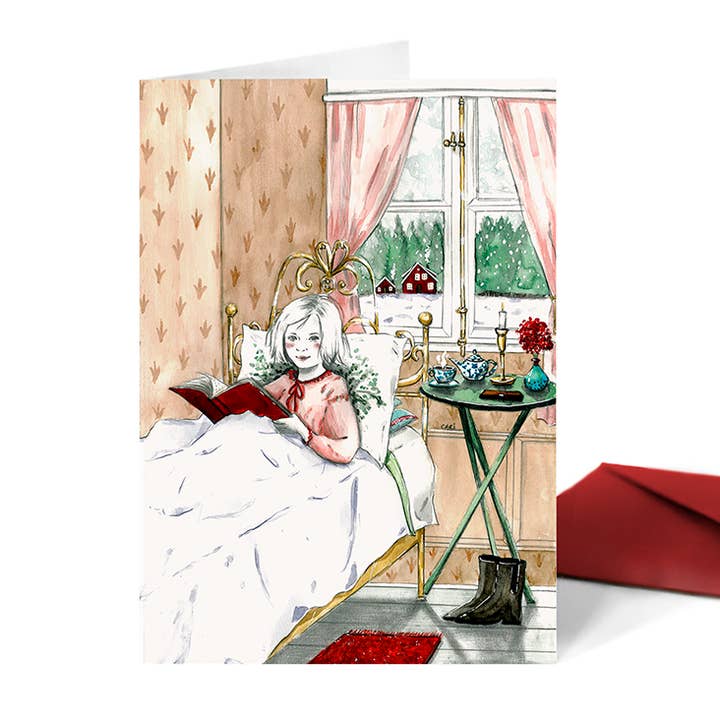 Tarjeta navideña Bookish for wholesale by Carillustration