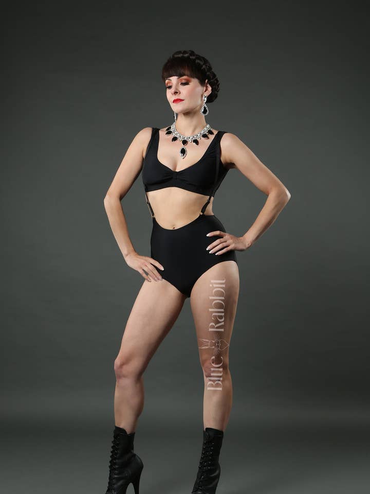 Black Lycra Suspender Playsuit & Bra Set for wholesale by Talulah Blue